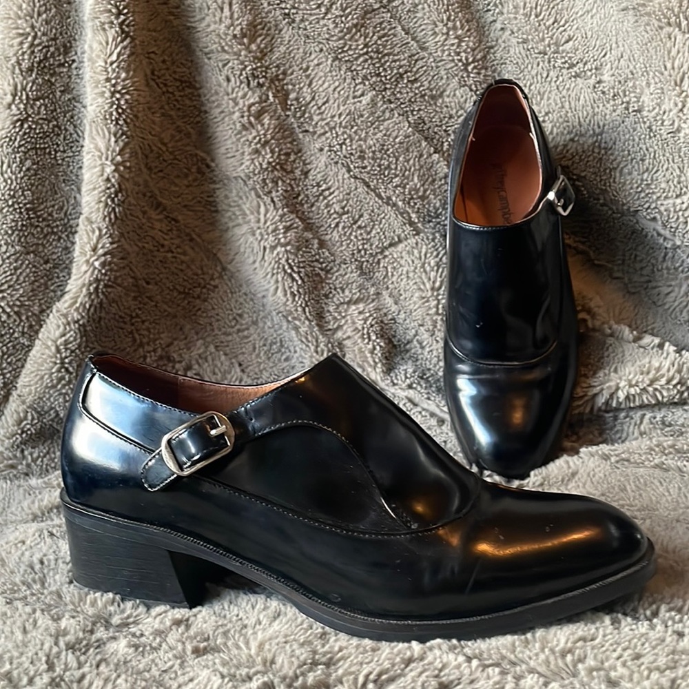 Jeffrey Campbell black leather high heeled buckle loafers